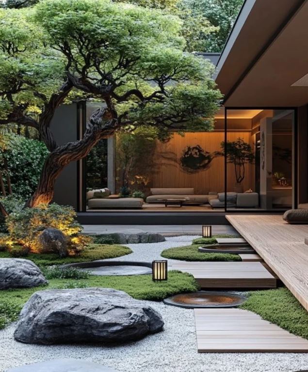 Sân vườn nhà với cây lớn tạo bóng mát