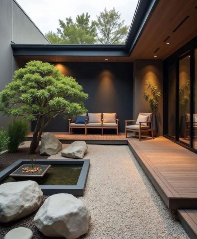 Sân vườn đẹp nhờ sỏi trắng xen cây xanh